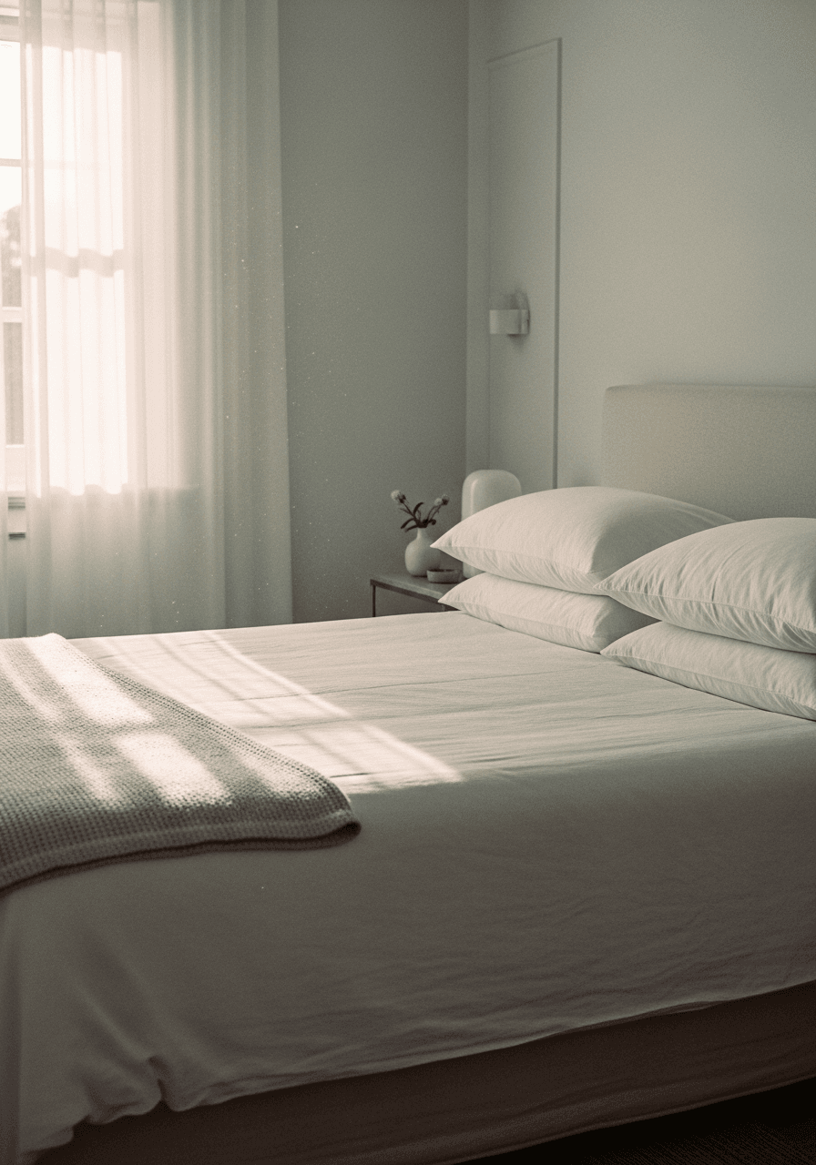 Freshly made bed with crisp white linens