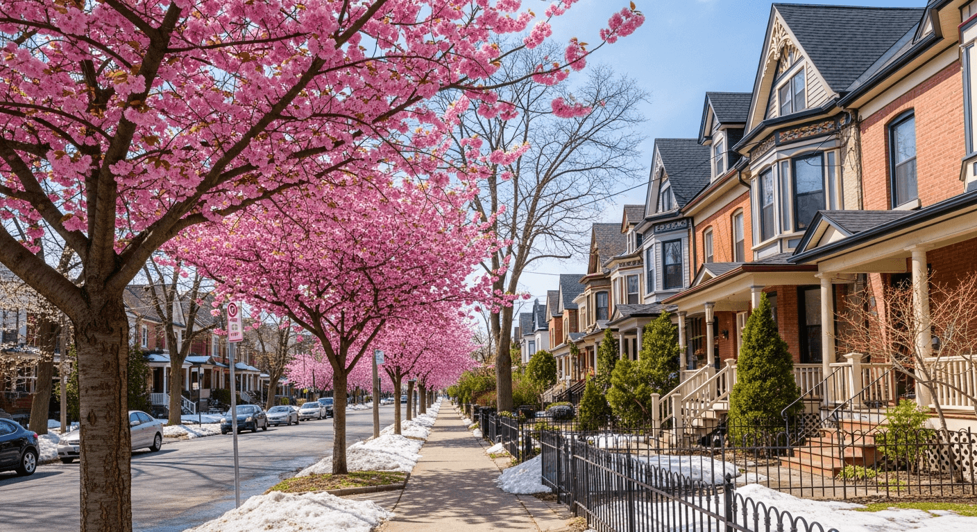 Toronto residential street in spring with cherry blossoms